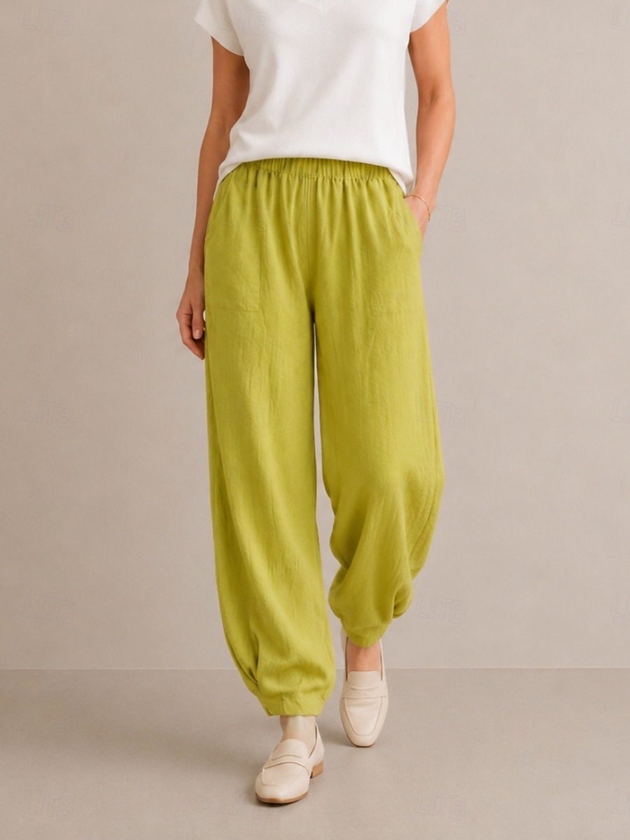 Pantalon bloomer en lin pour femme, taille mi-haute, longueur cheville, poche, ceinture élastique, idéal pour les vacances de 2026 ? $49.99 –P1