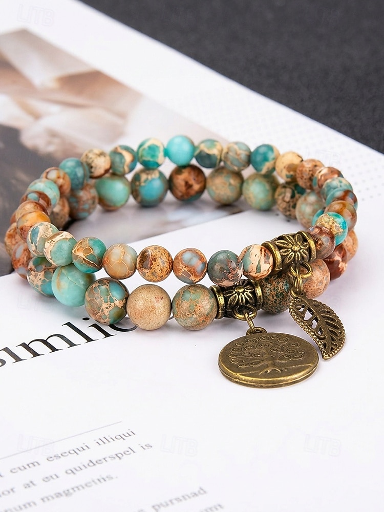 Set di braccialetti da donna bohémien a strati con perline di pietra naturale, albero della vita e ciondoli a forma di foglia, gioielli da polso impilabili multicolore in 2 pezzi per l'uso quotidiano, del 2026 a $14.99 –P8