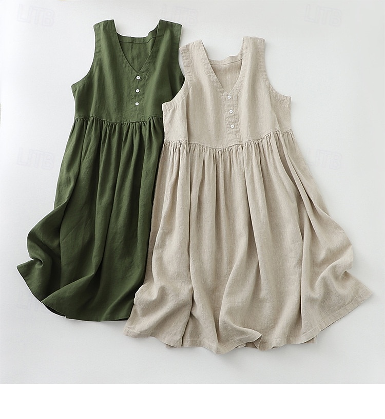 نسائي فستان ميدي 100% Cotton عتيق مناسب للبس اليومي فضفاض صالح سهل بدون كم V رقبة هيذر أخضر عسكري الصيف الربيع 2026 - $18.49 –P6