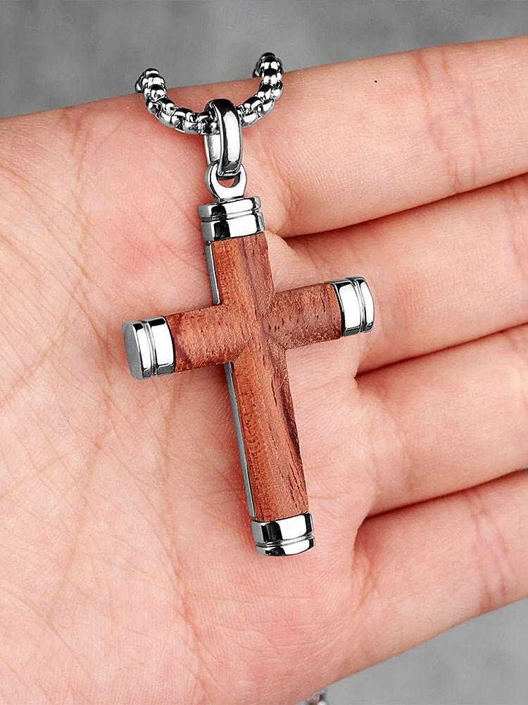 Colar masculino com pingente de cruz em madeira e liga metálica, corrente em aço inoxidável, joia religiosa, presente para homens maduros, ideal para uso casual no verão, viagens e dia a dia. de 2026 por $18.99 –P3