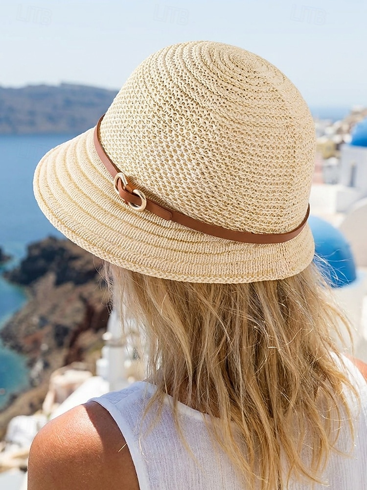 Sombrero de sol de poliéster tejido para mujer, estilo cloche multicolor con ala larga en la parte delantera y corta en la trasera. Sombrero ligero ideal para vacaciones de verano, playa, viajes, 2026 - $11.99 –P3