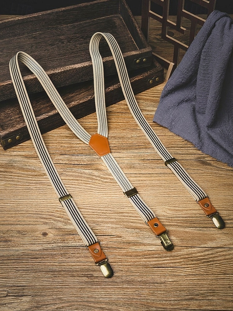 herr vintage randiga elastiska hängslen justerbara polyesterhängslen med läderflikar, klassiska y-formade hängslen för business casual, bröllop, resor, retro gentlemanstil 2026 - $14.99 –P2