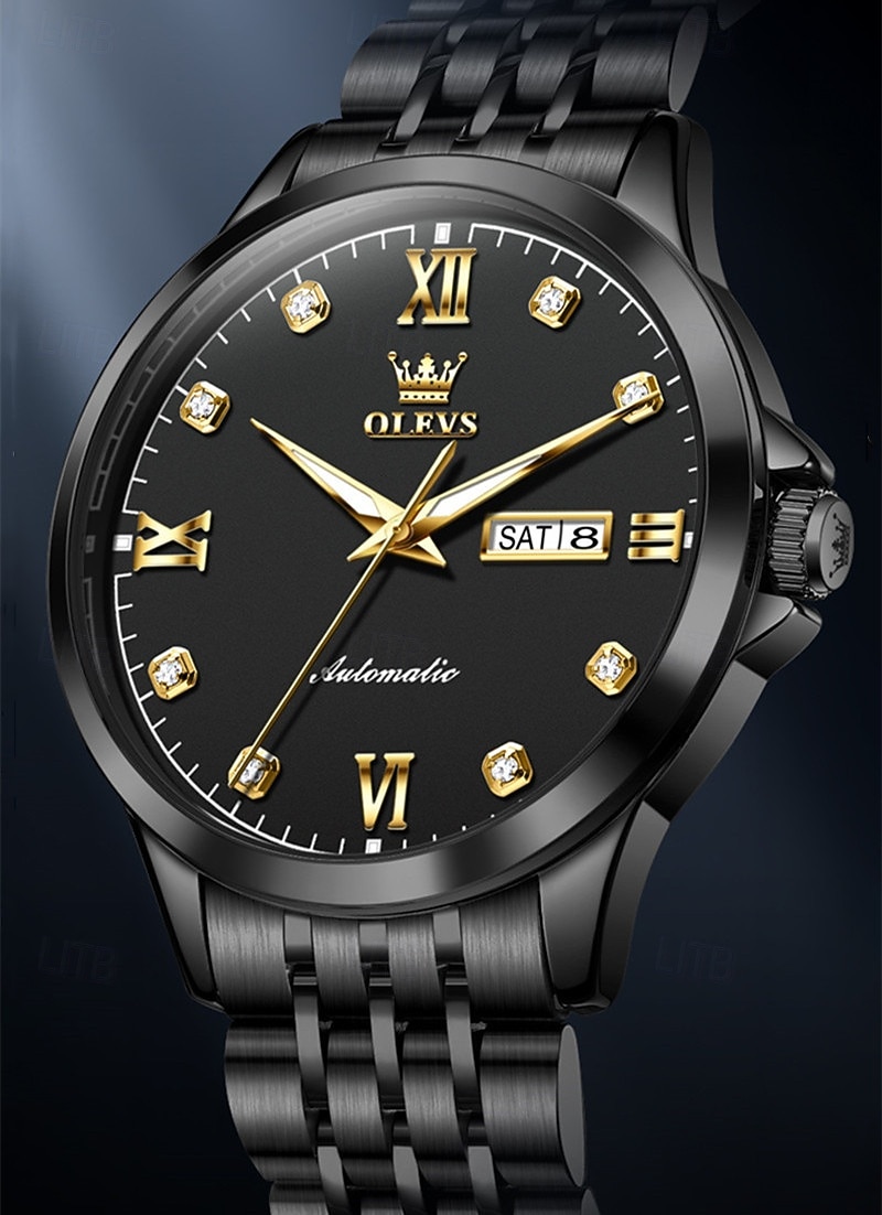 Relógio masculino automático Olevs de luxo, em aço inoxidável prateado, com mecanismo de corda automática, mostrador com numerais romanos, diamantes, à prova d'água e com ponteiros luminosos, ideal de 2026 por $96.99 –P1