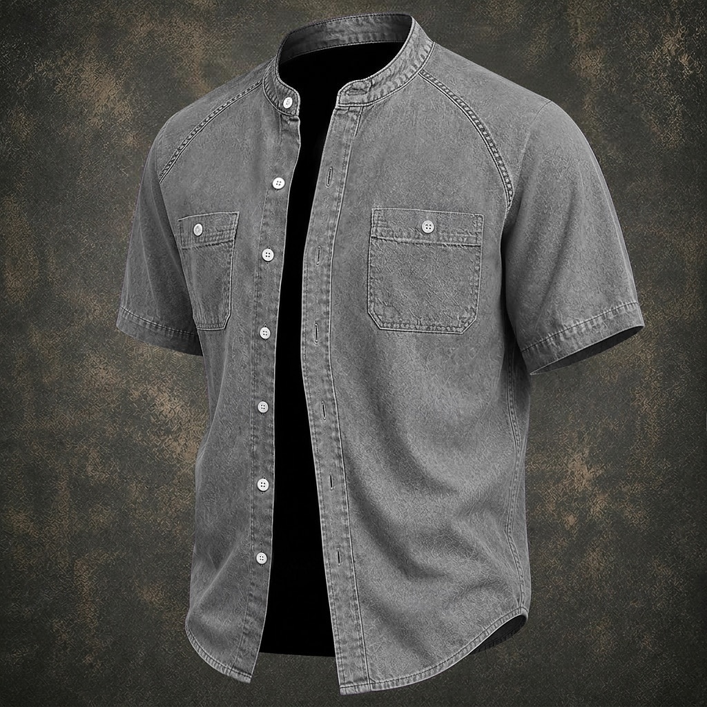 SoftFade™ Men Shirt Casual Shirt Button Up Shirt Cotton Acid Wash Shirt Black Light Green Pink Purple khaki Short Sleeve Plain Grandad Collar Casual Daily Front Pocket Clothing Apparel Elegant Fashion 2026 - $31.99 –P7