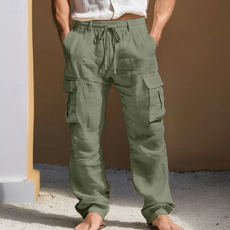 Homens Calças de linho Calças Calça verão Bolso multi Perna reta Tecido Conforto Respirável Comprimento total Diário Ao ar livre Para Noite Moda Roupa de rua Azul Branco de 2026 por $29.99 –P3