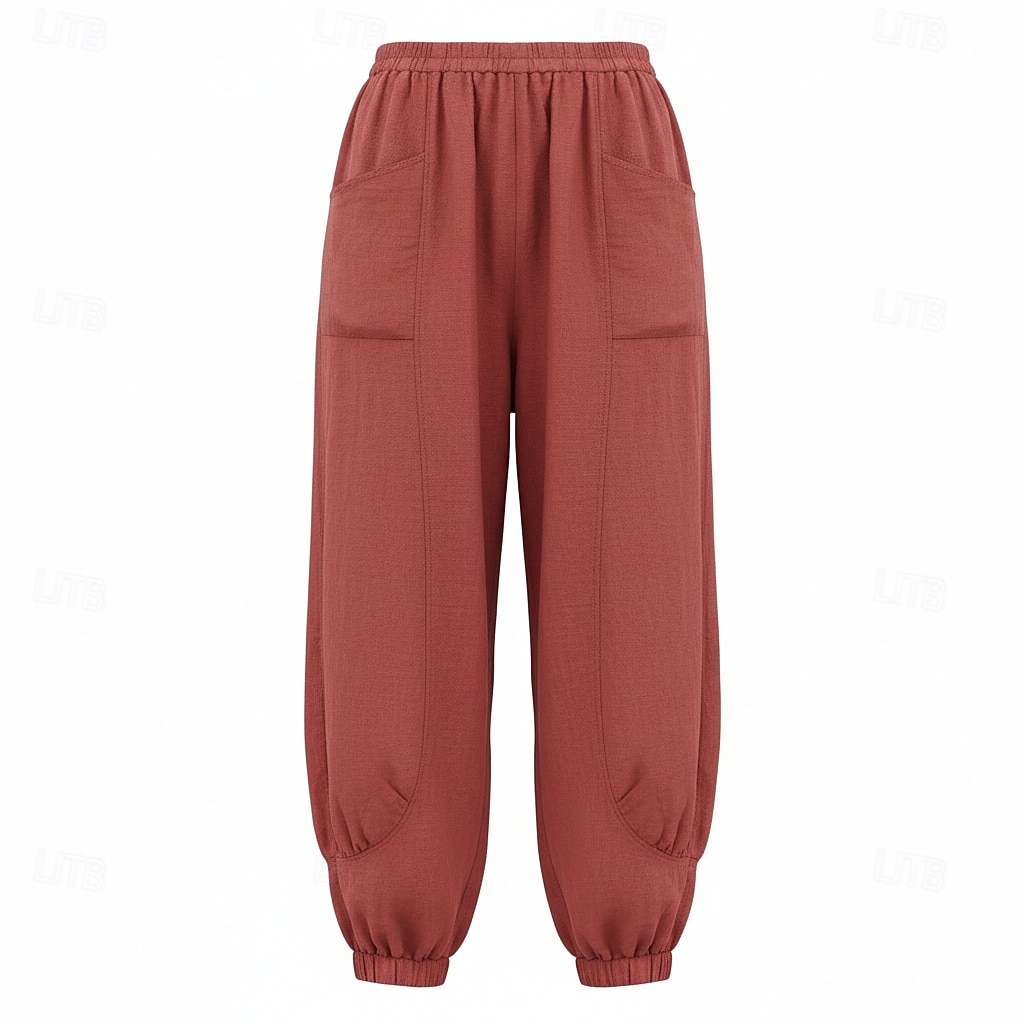 Pantalon large en lin pour femme, taille mi-haute, poches pleine longueur, ceinture élastique, couleur bordeaux et bleu azur, idéal pour les vacances de 2026 ? $49.99 –P20
