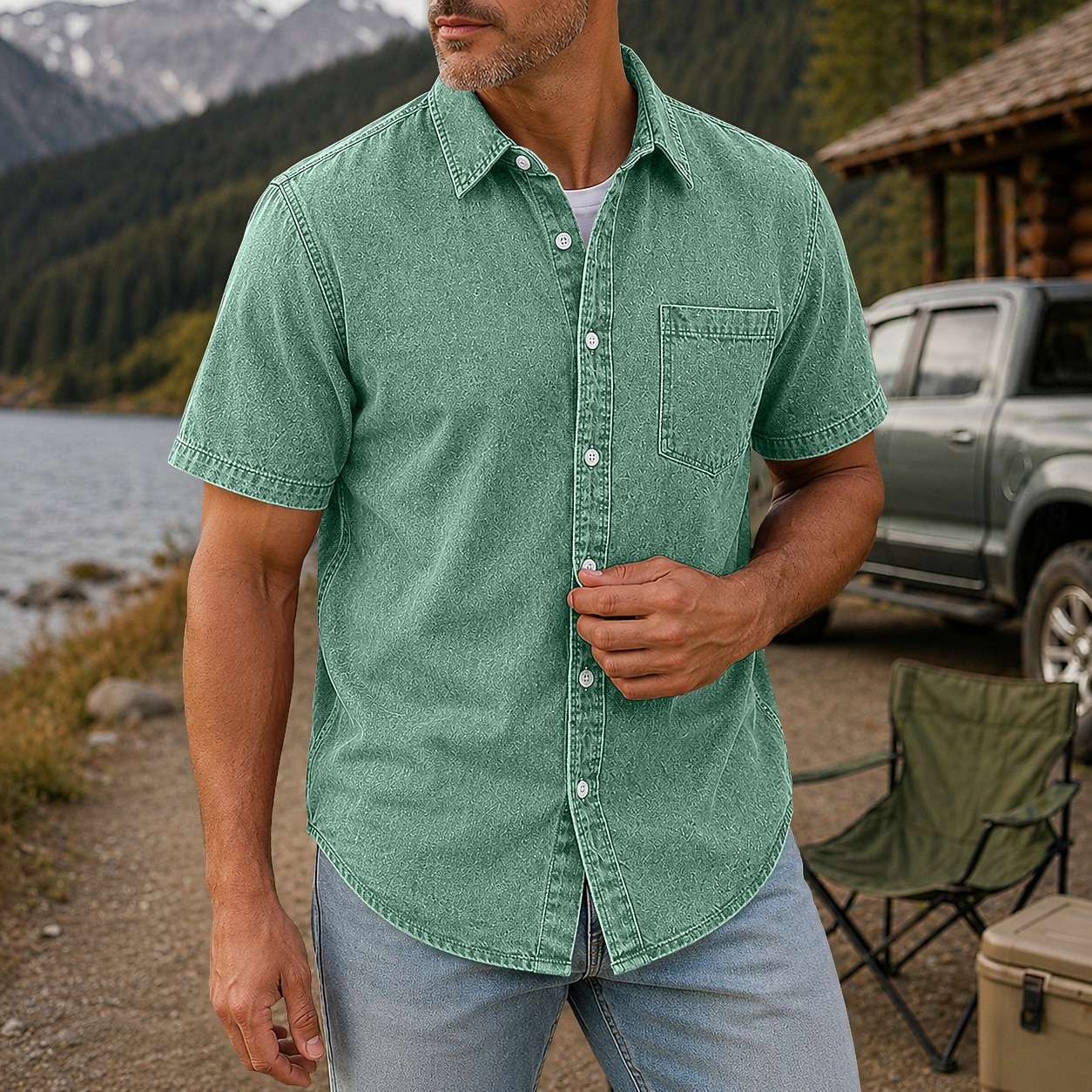 SoftFade™ Men Shirt Casual Shirt Demin Shirt Acid Wash Shirt Garment Dyed Black Light Green Burgundy Navy Blue Purple Short Sleeve Plain Shirt Collar Casual Daily Button-Down Clothing 2026 - $31.99 –P10