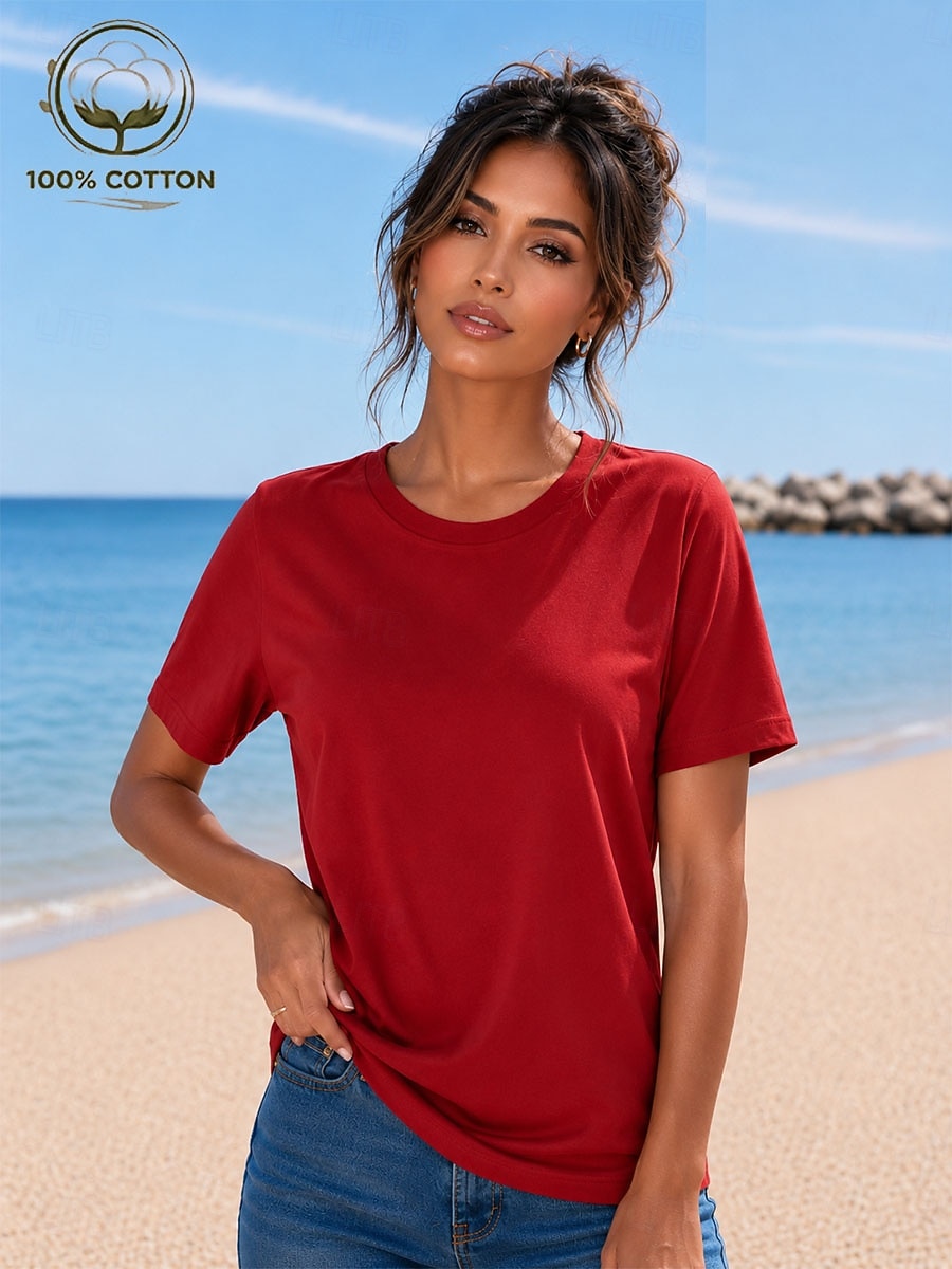 Women's T Shirt Summer Tops Cotton Shirt Tee Top Solid Color Fashion Stylish Basic Short Sleeve Crew Neck Round Neck Regular Tops Casual Daily Beach Blue Khaki Indigo Green with beige Black Summer 2026 - $19.99 –P7