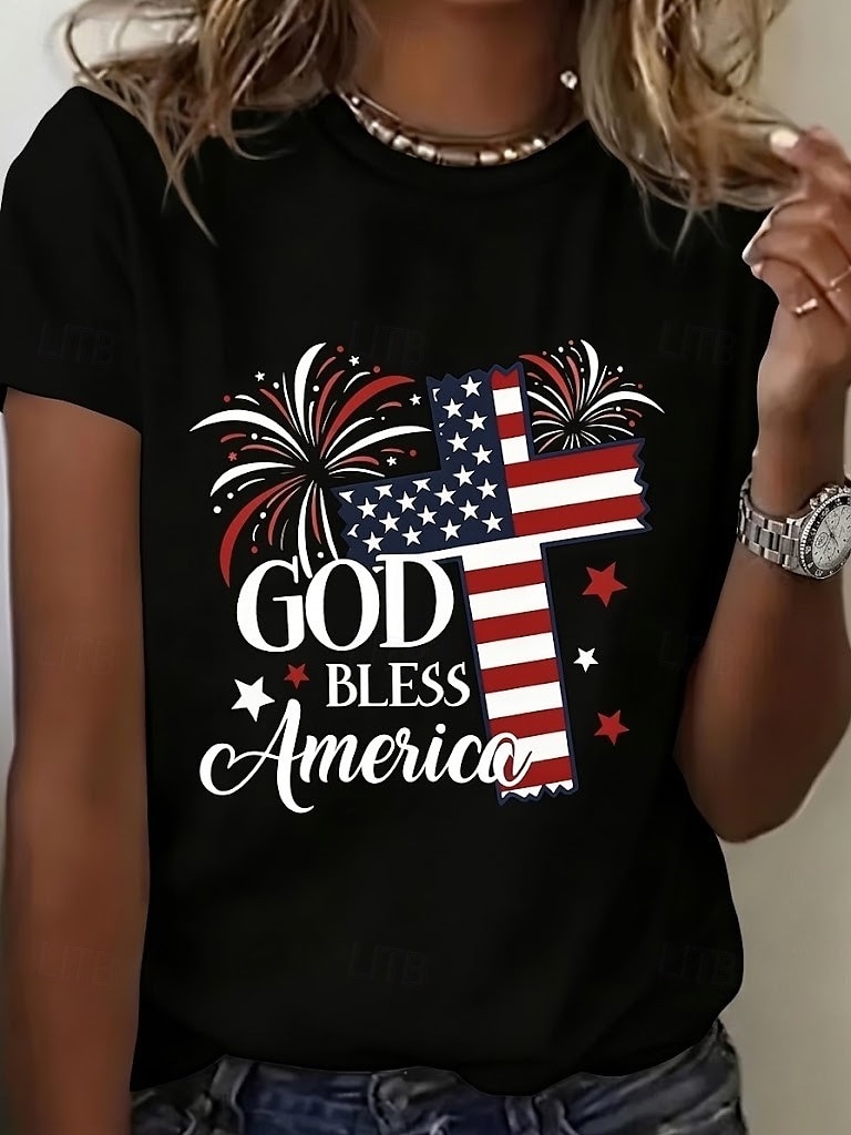 American Independence Day Women's T Shirt Print Graphic Flag Letter Vintage Fashion Stylish Short Sleeve Crew Neck Round Neck Regular Tops Casual Daily Weekend Black 1# Black White Summer Spring Fall 2026 - $21.99 –P1