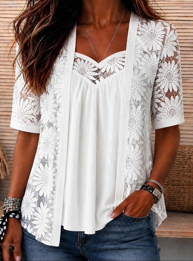 Dames Overhemd Oogje top Boho-shirt Kanten overhemd Kant Ombre Bloemig Grafisch Elegant Bohemen Vakantie Korte mouw V-hals Croptops Casual Wit Zomer Lente 2026 - $24.99 –P1