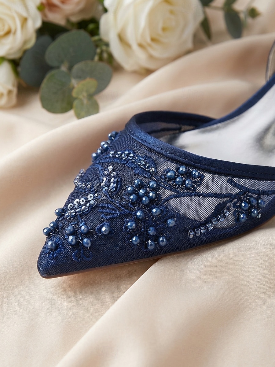 Women's Navy Blue Wedding Flats - Pearl Ankle Strap Mesh Bridesmaid Shoes with Bow for Garden Wedding Guest 2026 - $69.99 –P5