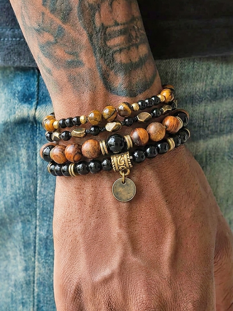 Herenarmbandset met drie lagen tijgeroogsteen, natuurlijke tijgeroogsteen &Legeringskralen, gelaagde vintage herensieraden voor zomervakanties, muziekfestivals en casual dagelijks gebruik. 2026 - $9.99 –P1