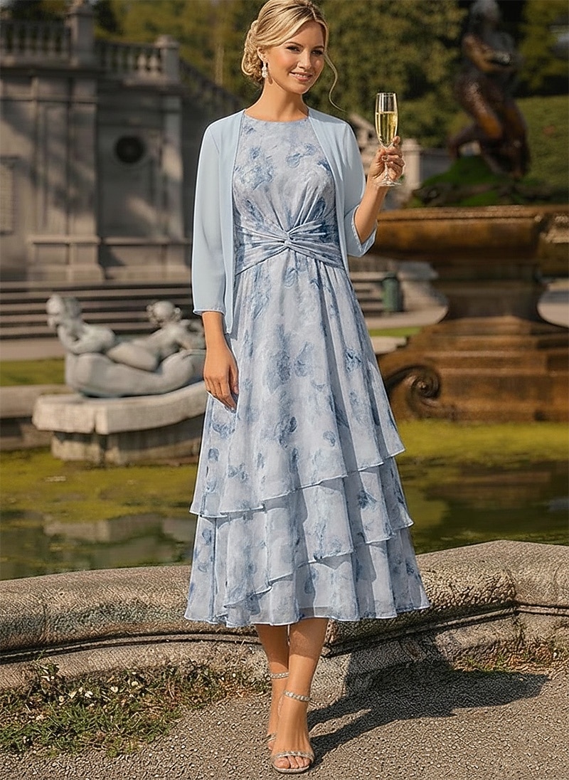 Two Piece A-Line Tea Length Wedding Guest Dress Mother of the Bride Dress Sleeveless 3/4 Length Sleeve Crew Neck Elegant Simple Minimalist Formal Semi Formal Chiffon Jacquard with Floral Print Ruched 2026 - $182.99 –P12