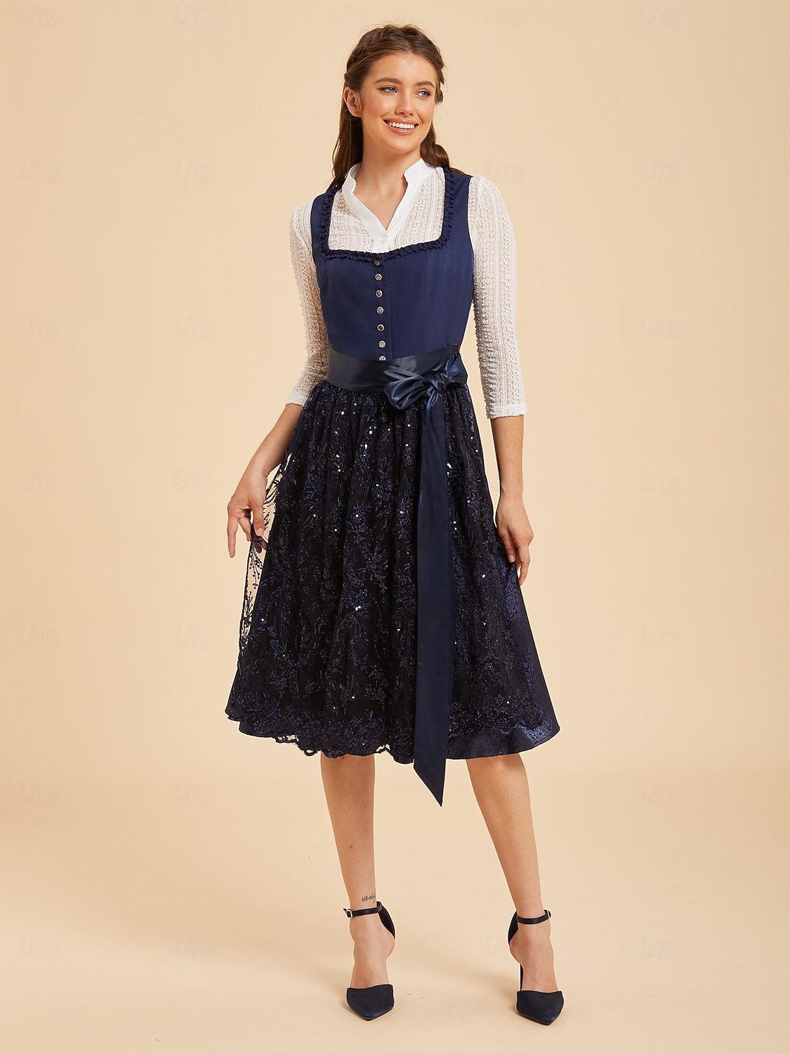 Oktoberfest Dirndl Dress Midi Length Sequins Embroidered with Pockets Balconette Neckline Maid Bavarian German Alpine Wiesn Women's Carnival Beer Festival Traditional Style Cloth Without Blouse (70CM) 2026 - $110.99 –P12