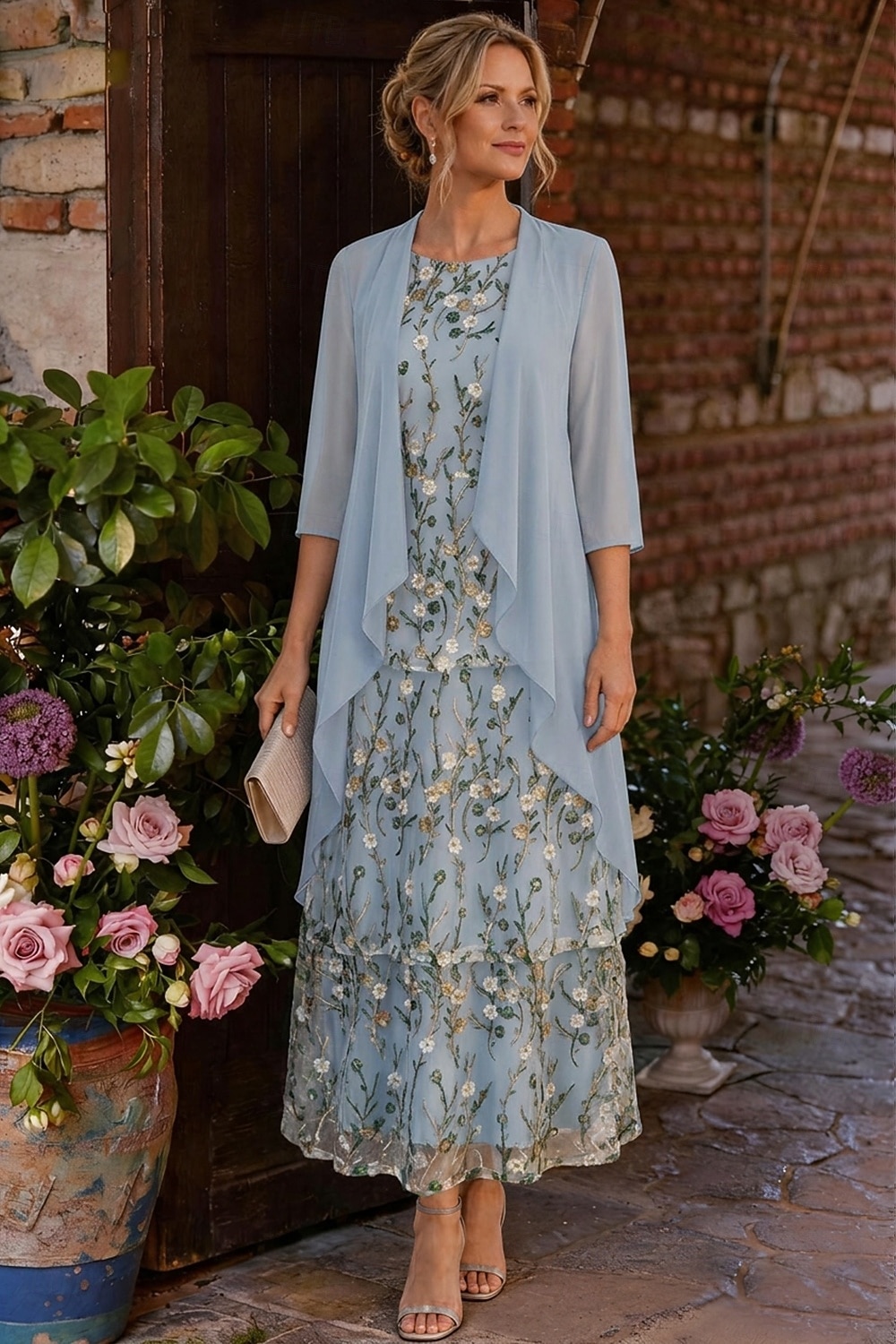 Două Piese Linia -A Lungime Gleznă Rochie Mama Miresei Lungime Manșon 3/4 Stil Nautic Elegant Simplu Luxos Oficial Invitat la nunta Șifon Dantelă Rochii jacheta cu Volane Straturi Broderie 2026 - $171.99 –P7
