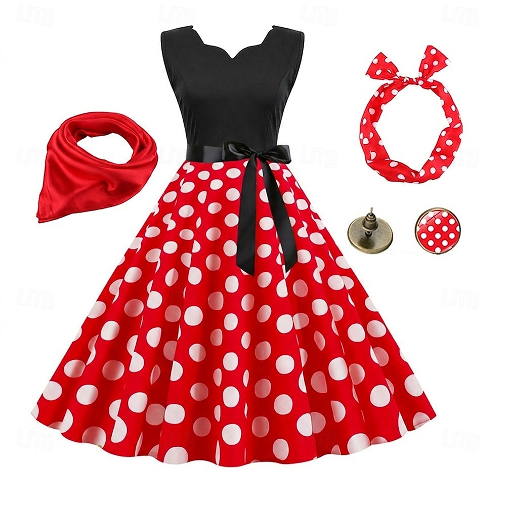 Années 1950 Rétro Vintage Rockabilly Robe trapèze Robe Évasée Pois Déguisement Femmes Fête / Soirée Enterrement de Vie de Jeune Fille Adulte Robe Bandeau Robes de soirée de 2026 ? $33.99 –P9