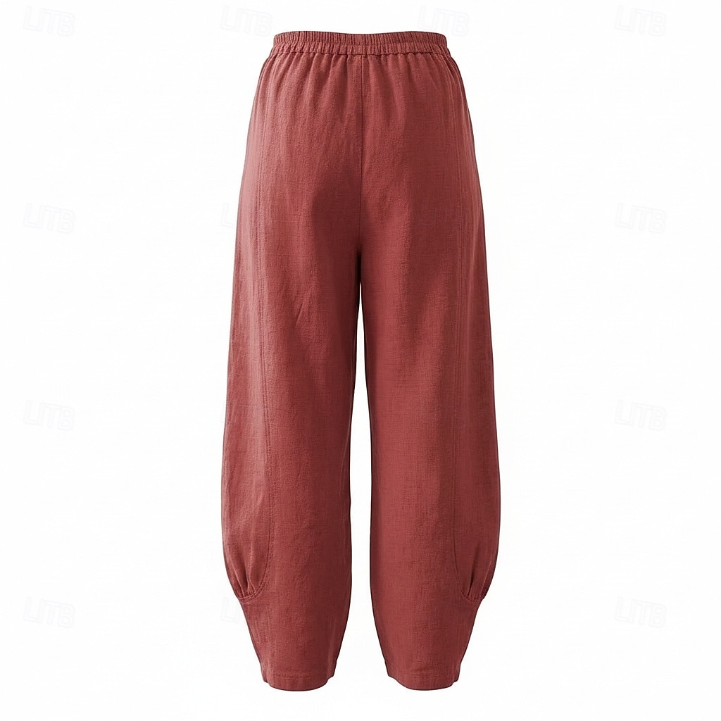 Pantalon large en lin pour femme, taille mi-haute, poches pleine longueur, ceinture élastique, couleur bordeaux et bleu azur, idéal pour les vacances de 2026 ? $49.99 –P21