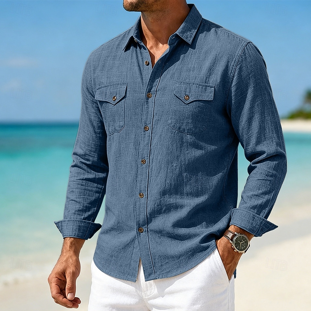 Hommes Chemise Chemise en lin Chemise d'été Tenue de plage Chemise Boutonnée Uni Occasionnel Quotidien Bleu Rose Claire bleu marine Bleu de minuit manche longue Col Printemps & Été Été Vêtement Tenue de 2026 ? $28.99 –P13