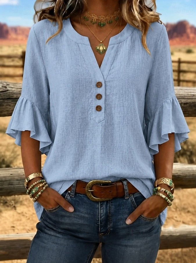 Per donna Camicie effetto lino Blusa Camicia di cotone Volant Bottoni Tinta unica Quotidiano Elegante Casual Manica 3/4 Scollo a V Top corti Casuale Quotidiano Blu Giallo Rosa Verde Beige Estate del 2026 a $26.99 –P1