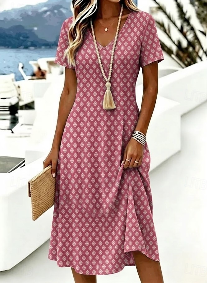 Per donna Abito Midi Abito a trapezio Vacanza Casual Boho Quotidiano Vestibilità regolare Grafico Geometrico Manica Corta Scollo a V Blu Rosa Estate Primavera del 2026 a $21.99 –P2