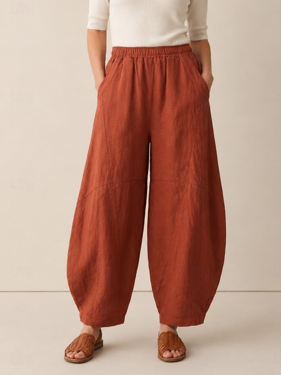 Pantalones bombachos de lino para mujer, cintura media, largo completo, bolsillo, cintura elástica, vacaciones, azul arroz 2026 - $49.99 –P1