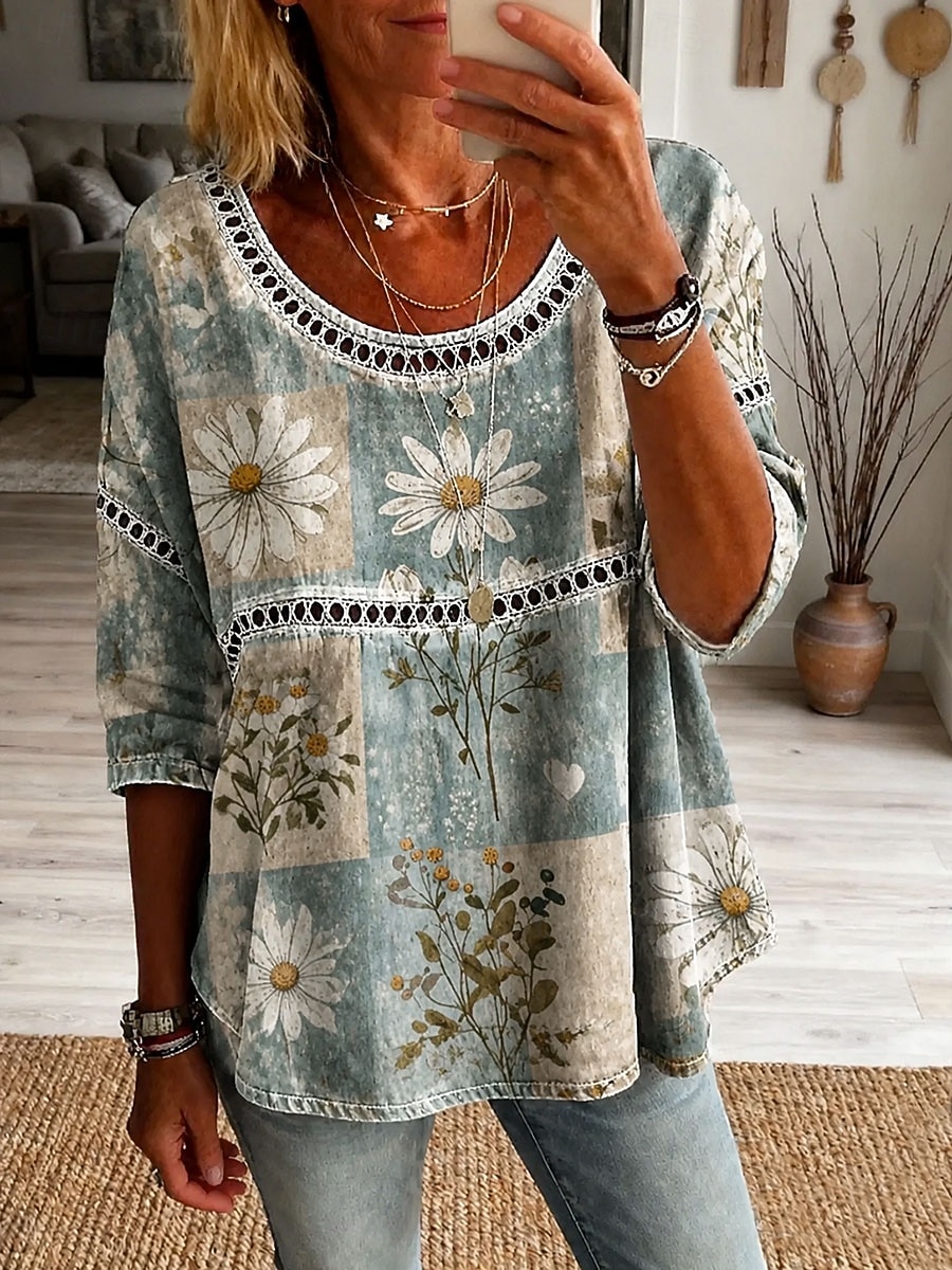 Per donna Camicia Top traforato Tunica Stampato Floreale Grafico Vintage Quotidiano Elegante Manica 3/4 Girocollo Top Regolari Casuale Quotidiano Blu Cachi Rosso Arancione Estate Primavera del 2026 a $34.99 –P4