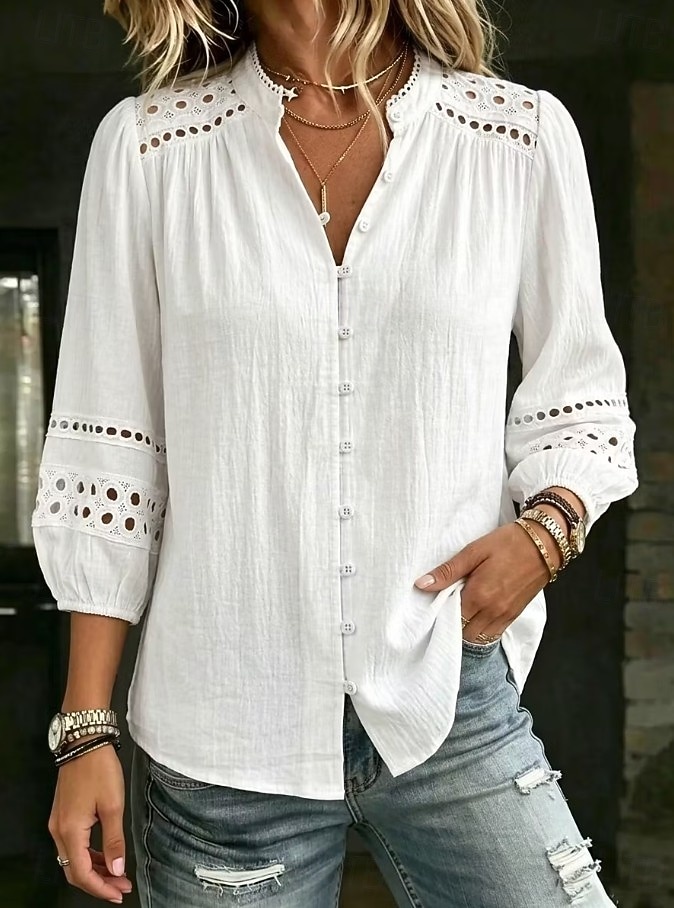 Women's Shirt Eyelet Top Lace Trim Elegant Bohemia Vacation 3/4 Sleeve Mandarin Collar Regular Tops Casual Daily Holiday White Summer Spring 2026 - $31.99 –P1