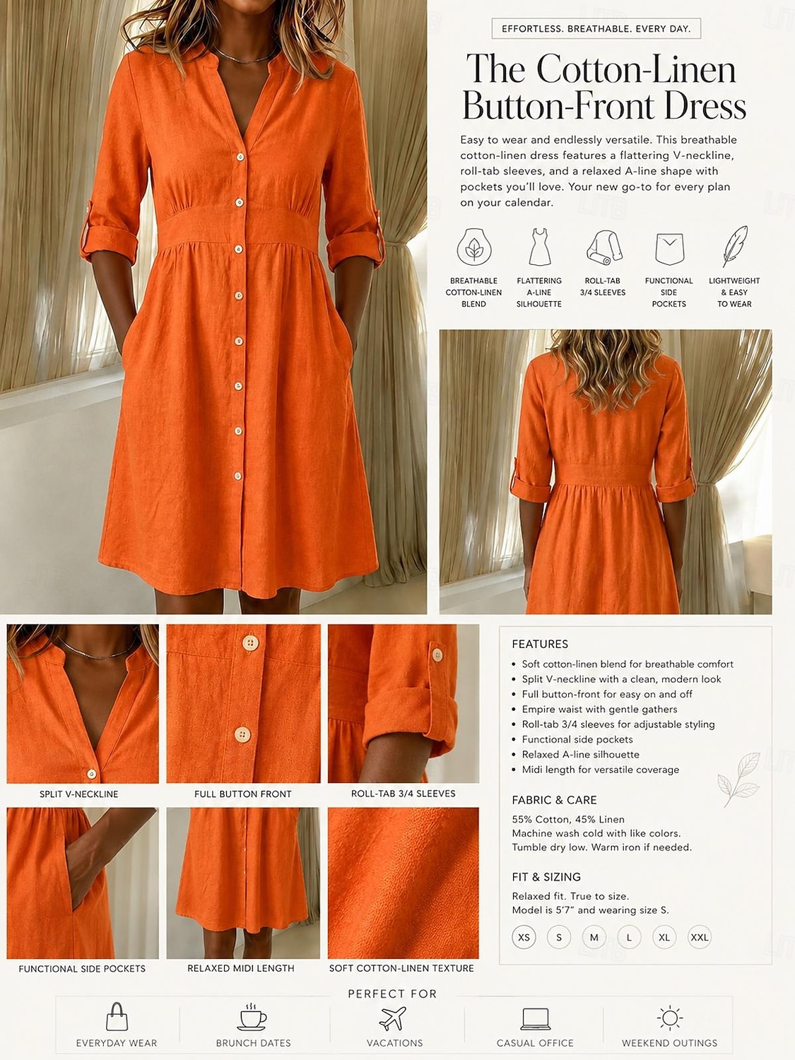 Damen Knielanges Kleid Baumwoll-Leinen-Kleider Hemdblusenkleid Elegant Urlaub Klassisch Täglich Büro Urlaub Normale Passform Einfach Langarm V Ausschnitt Rote Marineblau Orange Sommer Frühling 2026 - $18.49 –P1