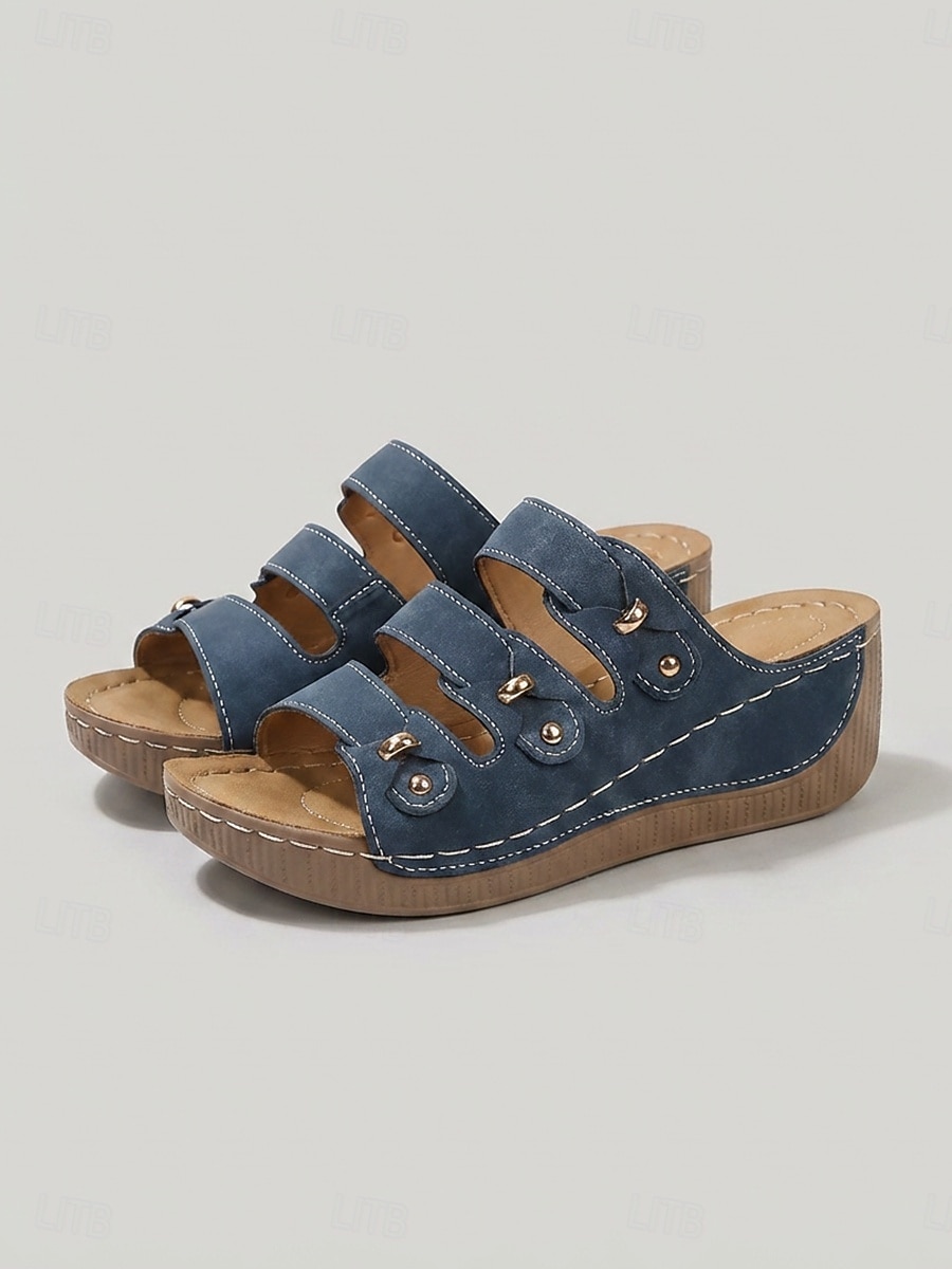 Women's Navy Blue Triple Strap Wedge Sandals – Comfortable Slide Sandals with Metal Design for Summer Walking, Travel & Casual Wear 2026 - $24.99 –P3