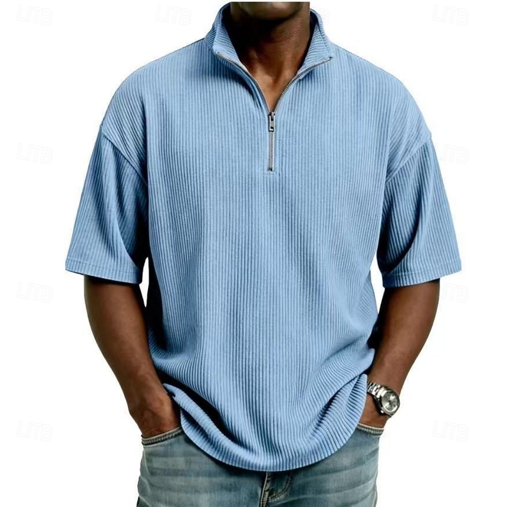 Men's Corduroy Shirt Polo Shirts Casual Daily Quarter Zip Short Sleeve Fashion Basic Plain Lightweight Quarter Zip Summer Spring Regular Fit Black White Wine Navy Blue Sky Blue Purple Corduroy Shirt 2026 - $24.99 –P4
