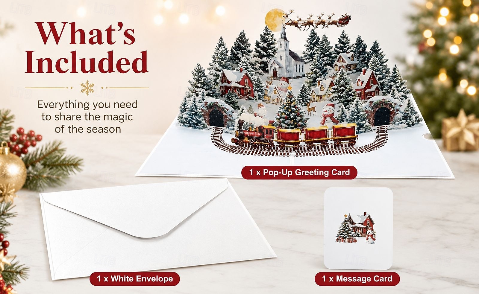 Biglietto di auguri natalizio tridimensionale a comparsa, con grande scena di un villaggio invernale e treno a vapore. &Slitta di Babbo Natale, biglietto d'auguri natalizio fatto a mano per bambini del 2026 a $12.99 –P1