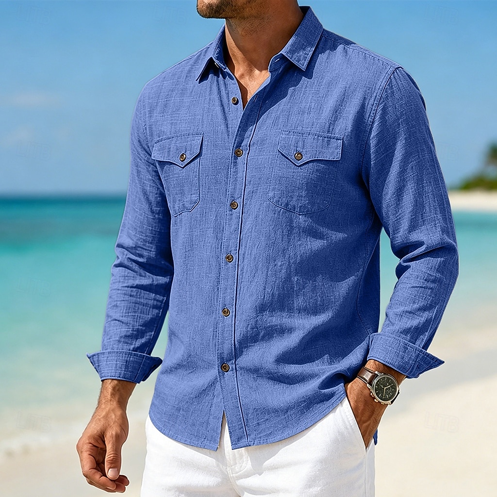 Hommes Chemise Chemise en lin Chemise d'été Tenue de plage Chemise Boutonnée Uni Occasionnel Quotidien Bleu Rose Claire bleu marine Bleu de minuit manche longue Col Printemps & Été Été Vêtement Tenue de 2026 ? $28.99 –P9