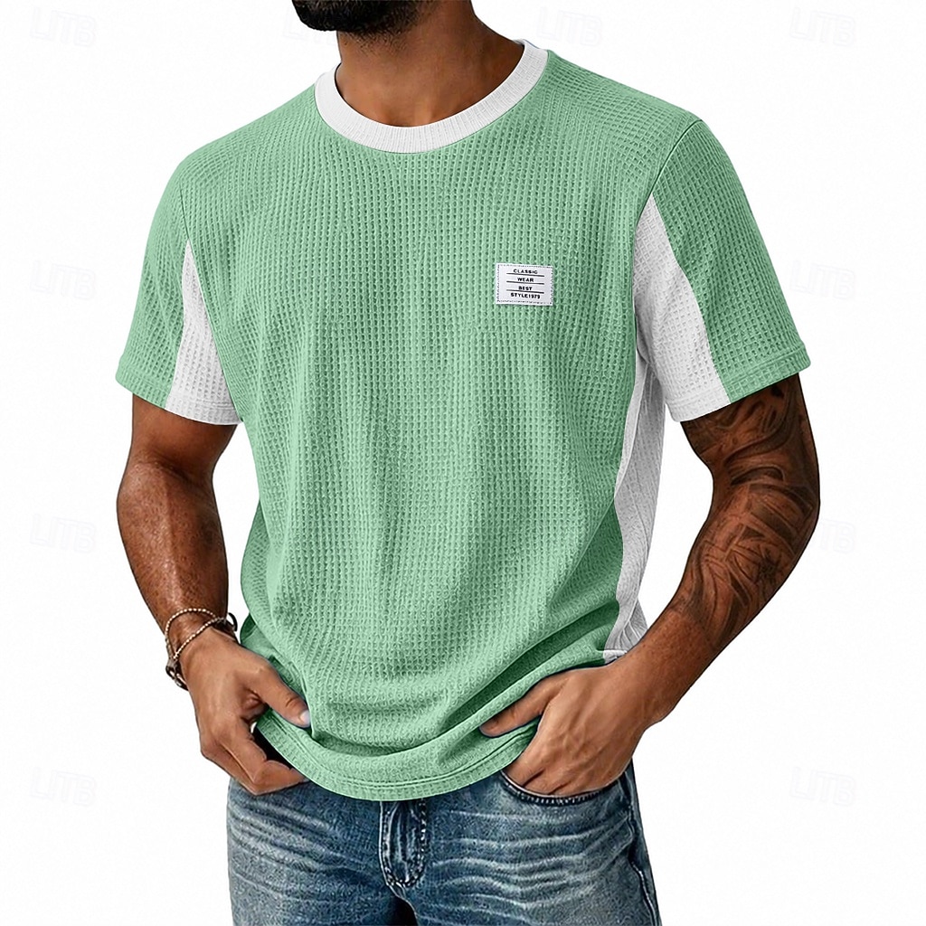 Men's Waffle T-shirt Tee Top Short Sleeve Crew Neck Summer Spring All Seasons Solid Color Fashion Designer Casual Color Block Casual Daily Outdoor Light Blue Black Light Green Top Tee for Men 2026 - $22.99 –P6