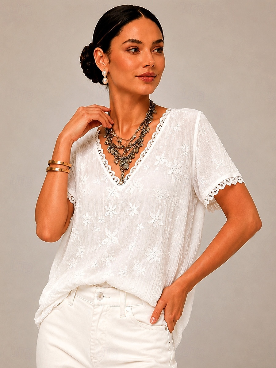 Damen Hemd Einfarbig Ombre Blumen Elegant Bohemien Urlaub Kurzarm V Ausschnitt Lange Oberteile Lässig Weiß Sommer Frühling 2026 - $33.99 –P1