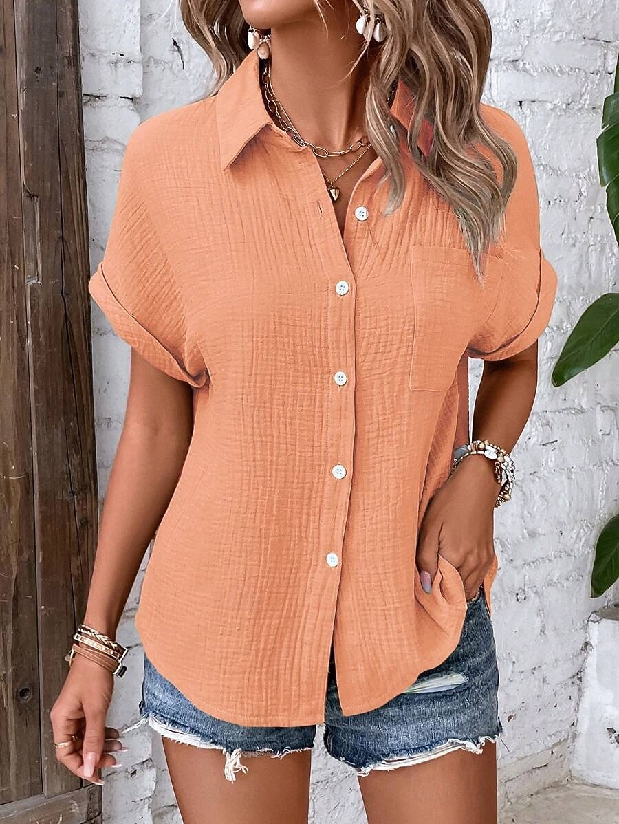 Mujer Camisa Blusa Retazos Bolsillo Color sólido Elegante Moda Casual Manga Corta Cuello Camisero Tops regulares Casual Rosa Naranja Marrón Verde Trébol Albaricoque Verano Primavera 2026 - $22.99 –P1