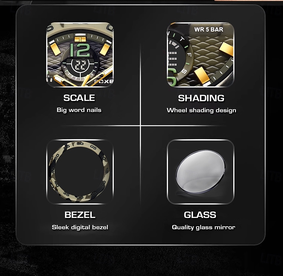 Foxbox heren militair sporthorloge, camouflage tactisch 50m waterdicht analoog digitaal horloge met dubbele display, quartz uurwerk, alarm, chronograaf en datumweergave, robuust outdoor polshorloge 2026 - $33.99 –P1