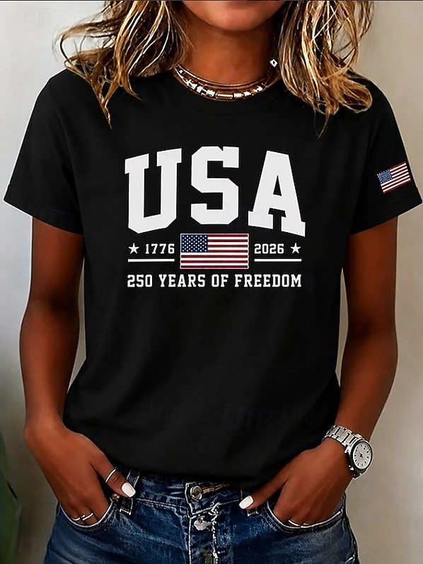 American Independence Day Women's T Shirt Print Graphic Flag Letter Vintage Fashion Stylish Short Sleeve Crew Neck Round Neck Regular Tops Casual Daily Weekend Black 1# Black White Summer Spring Fall 2026 - $21.99 –P3