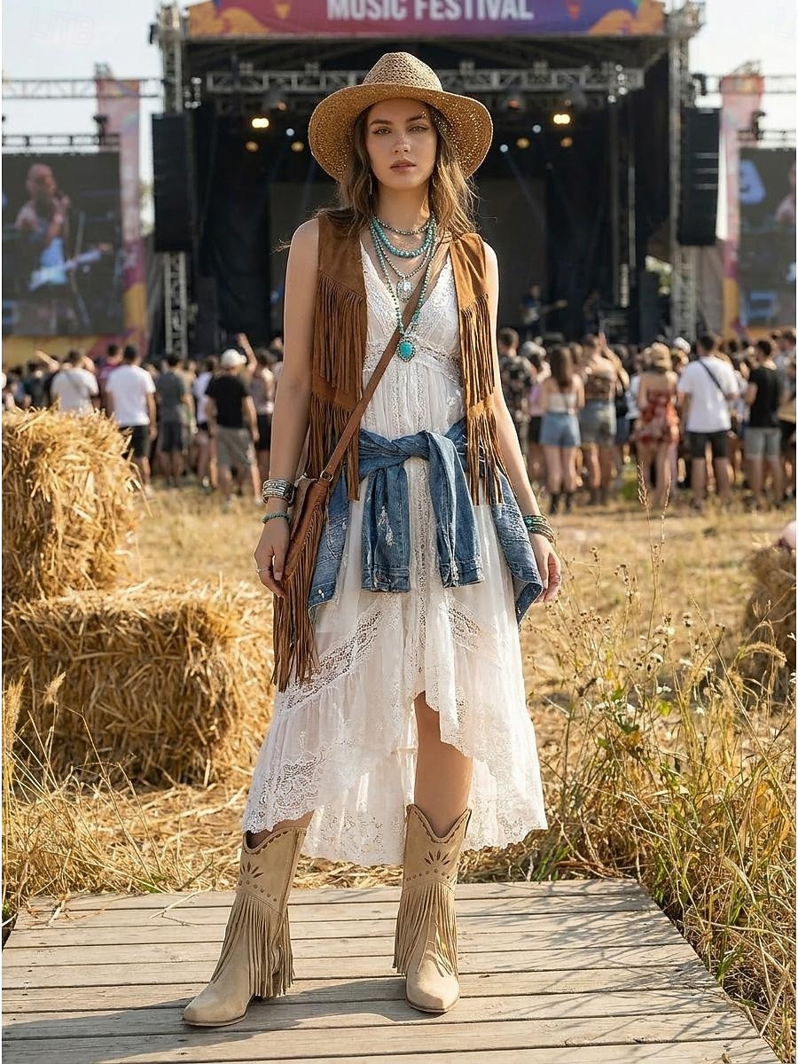 Botas vaqueras de mujer estilo western con flecos, botas beige bordadas a media pantorrilla con tacón grueso para festivales de música al aire libre, conciertos country y fiestas bohemias. 2026 - $84.99 –P1