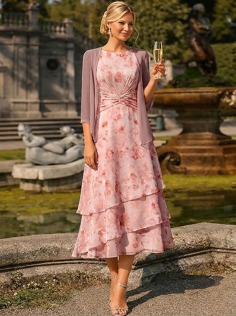 Two Piece A-Line Tea Length Wedding Guest Dress Mother of the Bride Dress Sleeveless 3/4 Length Sleeve Crew Neck Elegant Simple Minimalist Formal Semi Formal Chiffon Jacquard with Floral Print Ruched 2026 - $182.99 –P4