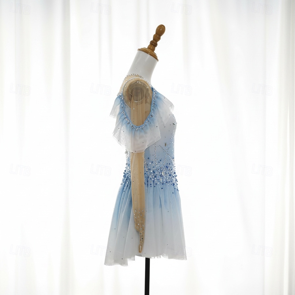 Figure Skating Dress Women's Ice Skating Dress Sky Blue Patchwork Thumbhole Stretchy Training Competition Skating Wear Classic Crystal / Rhinestone Long Sleeve Ice Skating Figure Skating 2026 - $536.99 –P4