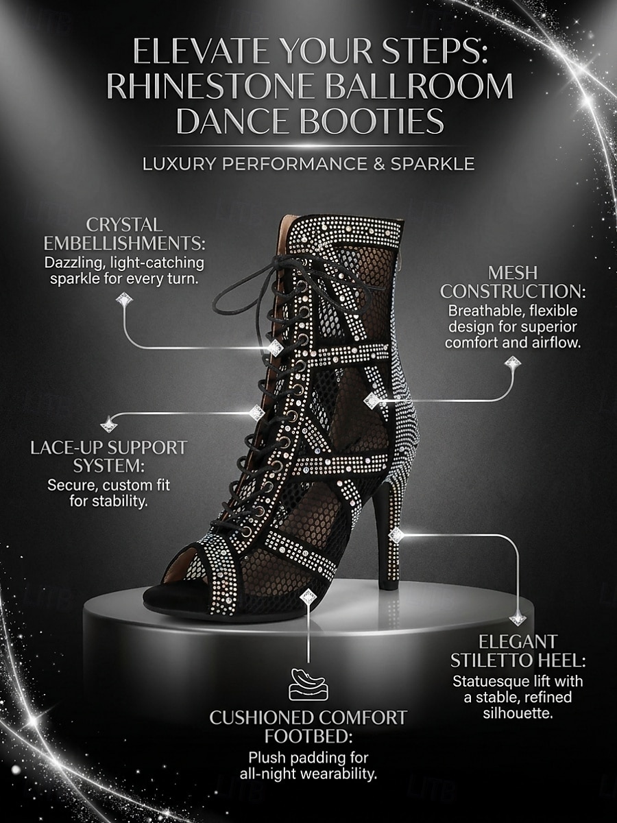Women's Black Sparkle Rhinestone Ballroom Dance Boots – Black Mesh Latin Dance Heels with Lace-Up Design & Back Zipper for Salsa, Tango, Bachata & Stage Performance 2026 - $79.99 –P5