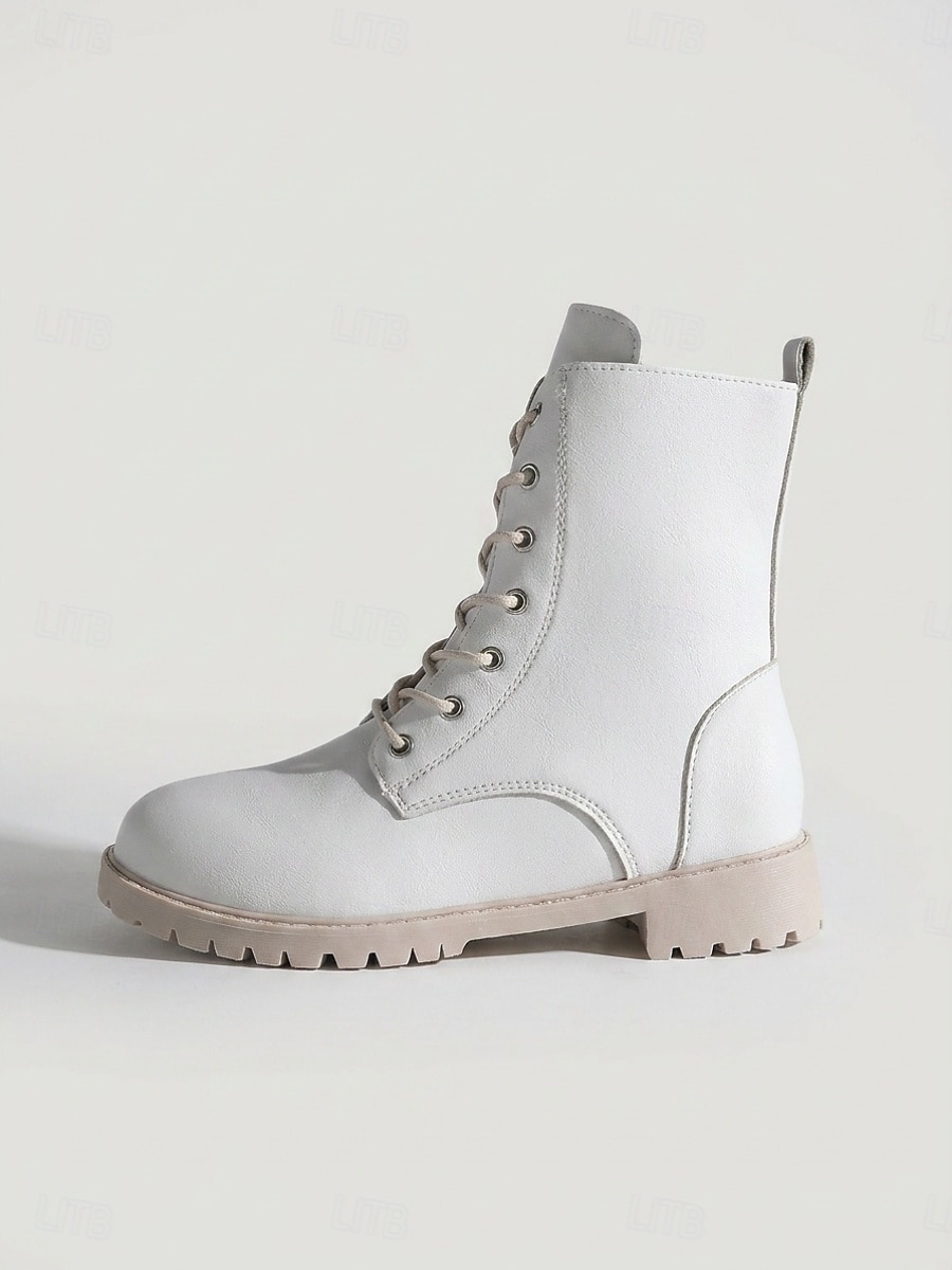 Ghete militare albe pentru femei, până la jumătatea gambei – ghete cu șireturi și toc jos, cu fermoar lateral, ghete casual confortabile pentru mers și purtare zilnică 2026 - $32.99 –P2