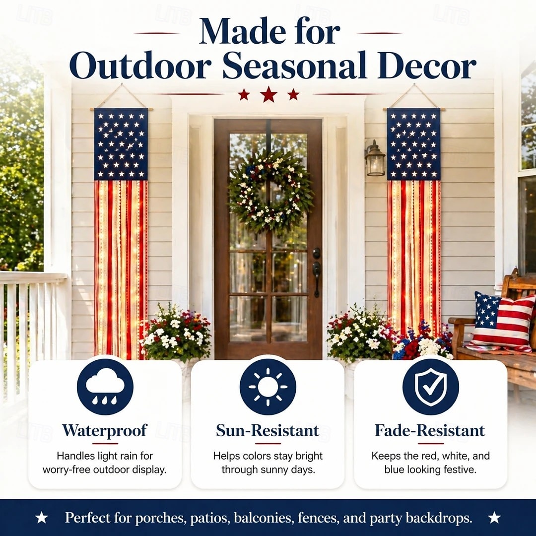 Bannière lumineuse patriotique américaine (1 pièce) pour porche, décorations extérieures pour le 4 juillet, 250e anniversaire des États-Unis, étoiles et rayures, bannière pour porte d'entrée ou patio. de 2026 ? $48.99 –P3
