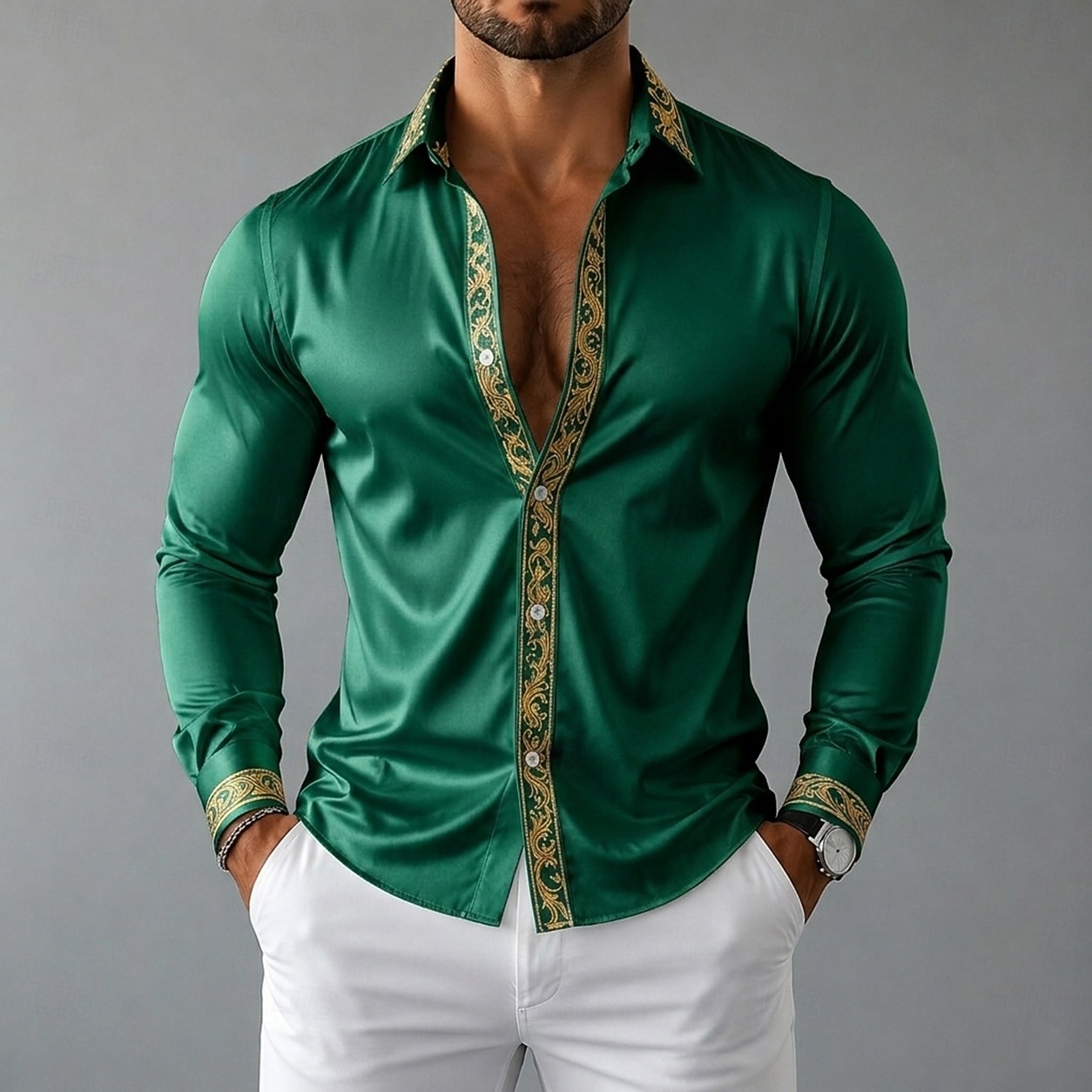 Homens Camisa Social Blusa de cetim Saia camisa de botão Camisa de formatura Gradiente Festa Casamento Preto Branco Vermelho Azul Manga Longa Aberto para a Lateral Todas as Estações Roupa de 2026 por $26.99 –P2