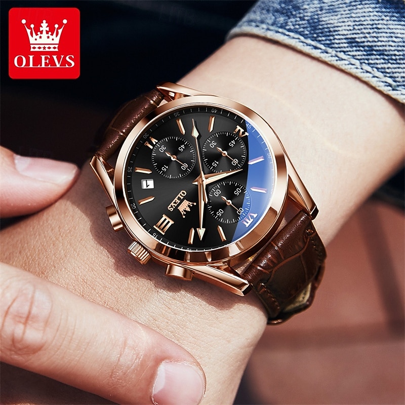 OLEVS Men's Luxury Watch Black Leather Strap Chronograph Waterproof Luminous Analog Quartz Wristwatch with Date Business Fashion Dress Watches for Men Gifts 2026 - $42.99 –P15