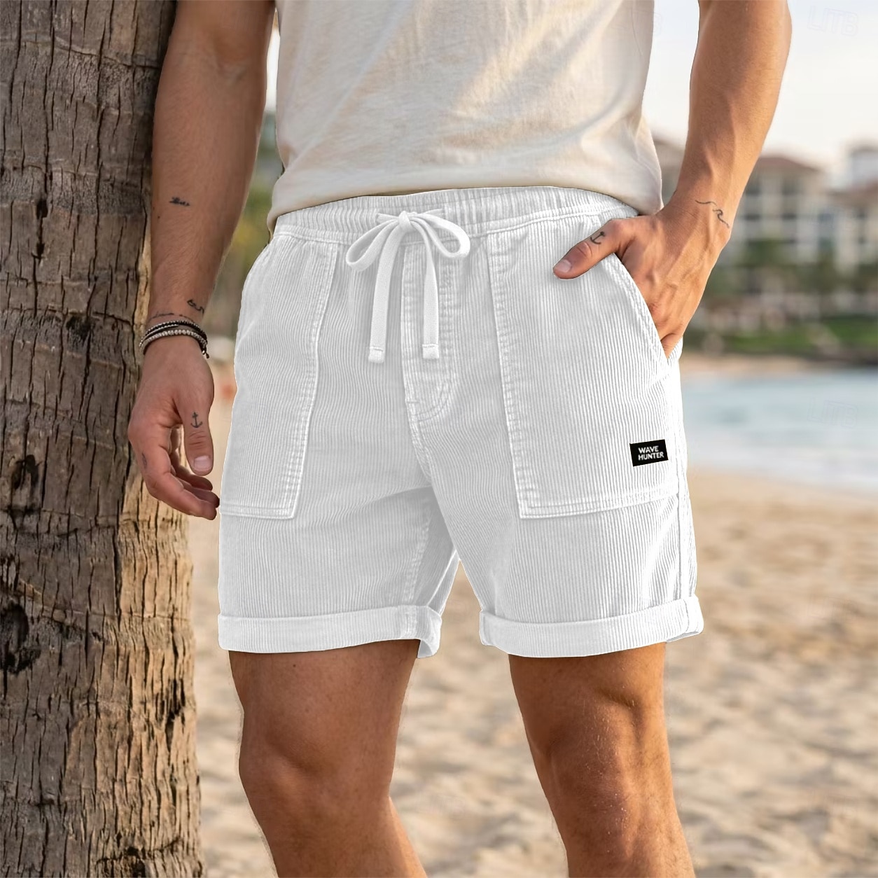 Men's Shorts Casual Shorts Corduroy Shorts Pocket Elastic Waist Plain Comfort Breathable Short Casual Outdoor Beach Vacation Fashion Khaki Black Inelastic 2026 - $27.99 –P2