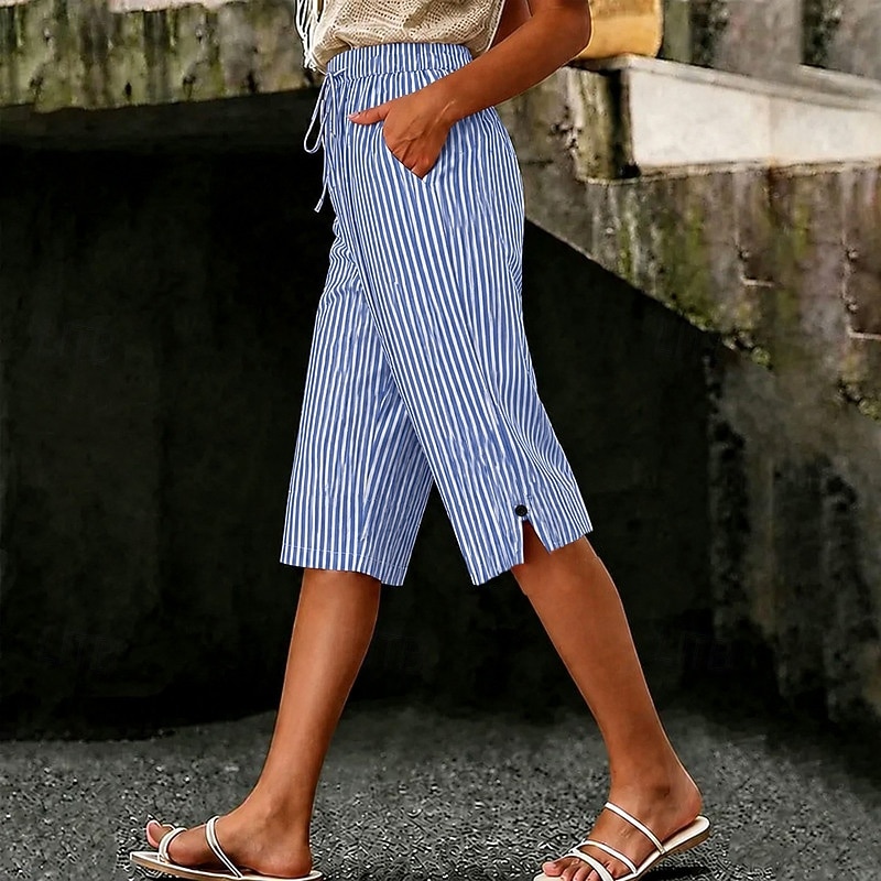 Dames Capri broeken Korte broek Vakantie leuke Style Casual Capris Hoge taille Gestreept Gestreept  Comfort Inelastisch Buiten Vakantie blauw Zwart Groen Rood Zomer Lente Ruim Passend 2026 - $18.99 –P4