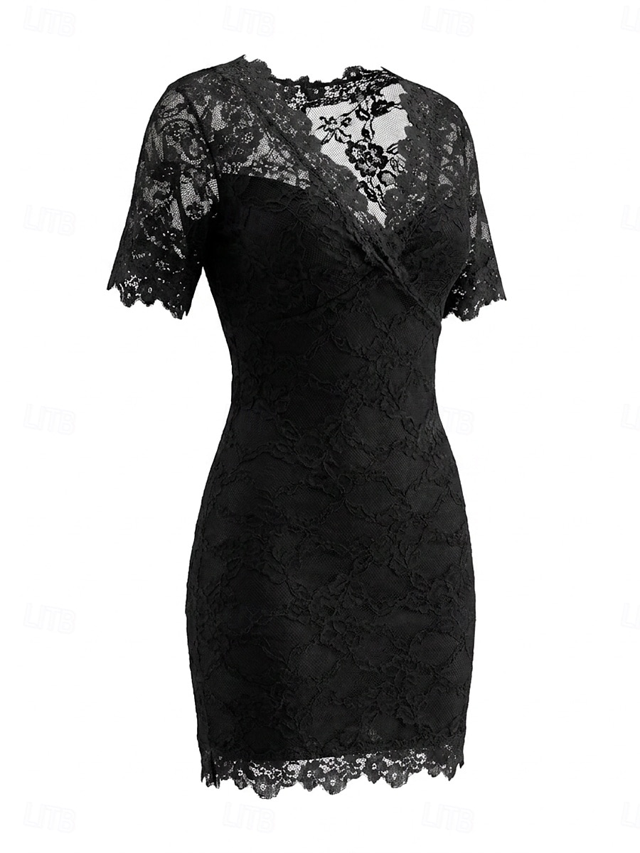 Per donna Mini Abito Abito in Pizzo Elegante Quotidiano Taglia piccola Colore Puro Manica Corta Scollo a V Nero Marrone chiaro Primavera del 2026 a $45.99 –P1