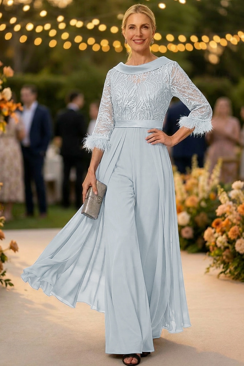 Tuta Completo Pantalone Lunghezza al pavimento Abito da cerimonia per signora Mezza Manica Collo gioiello Elegante Vintage Ospite di nozze Chiesa Chiffon con Piuma Paillettes Applicazioni del 2026 a $195.99 –P13