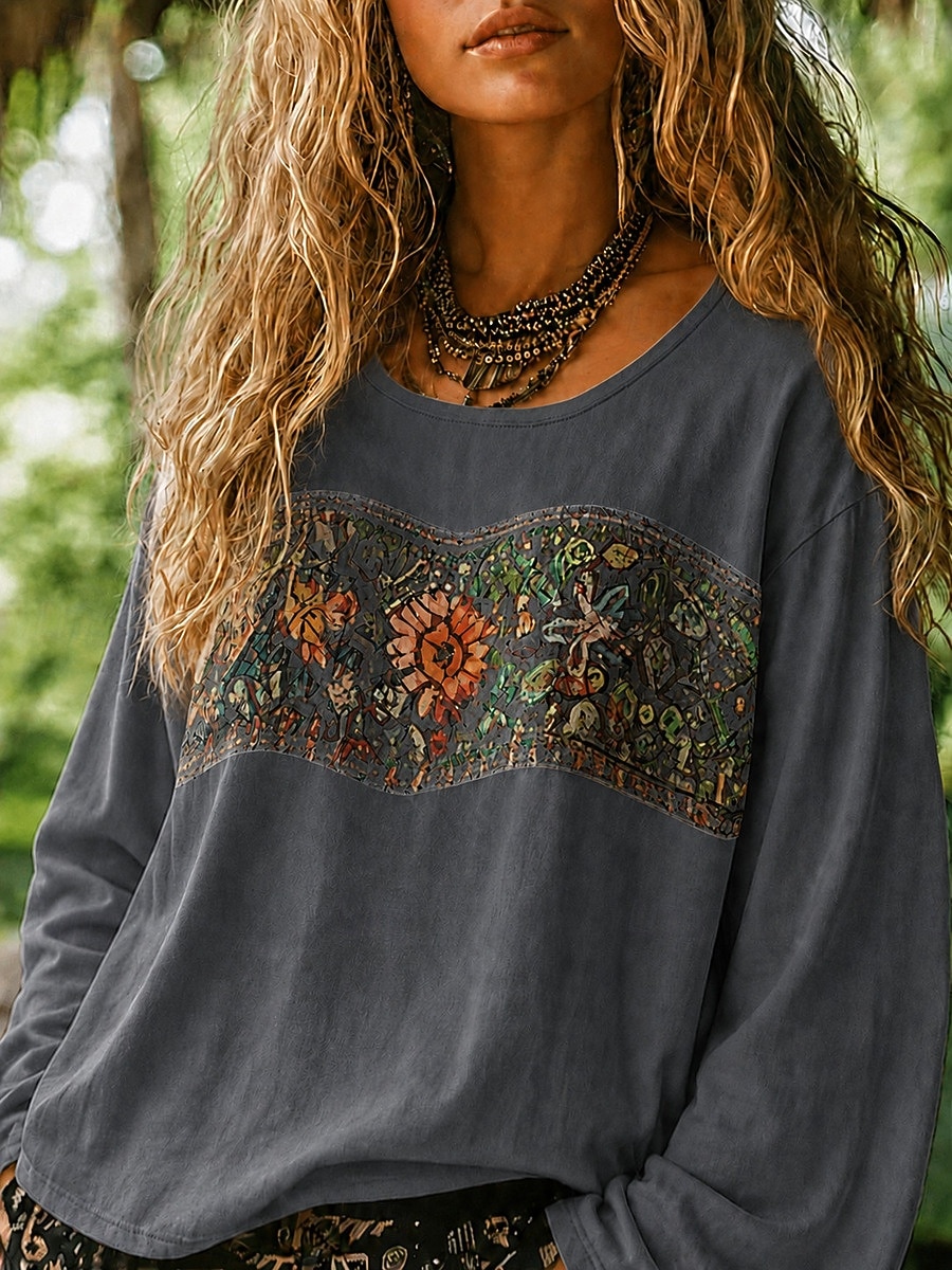 Damskie Koszula Koszule lniane Koszula Boho Bluzka Haft Kwiaty Codzienny Boho Długi rękaw W serek Zwykłe topy Codzienny Święto Czarny Fuksja Pomarańczowy Morelowy Szary Lato 2026 - $23.99 –P12